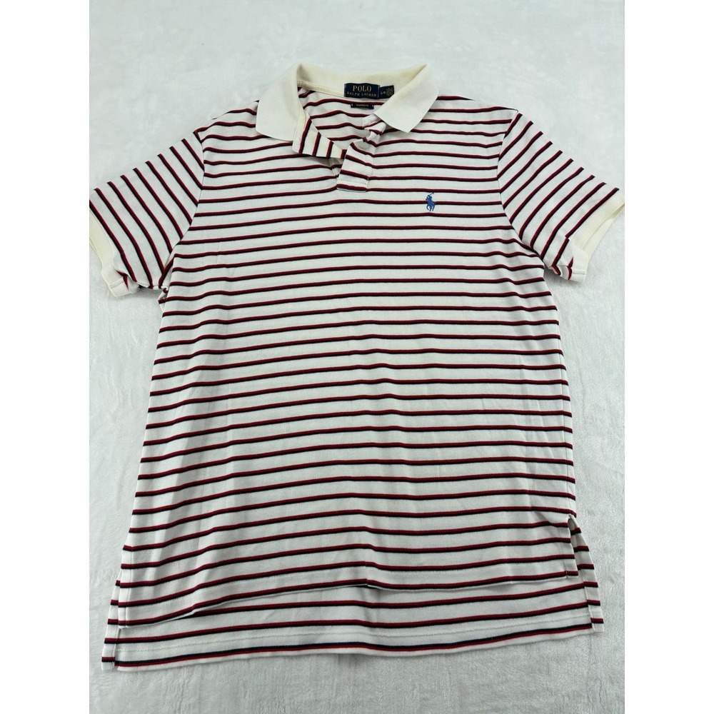 Polo Ralph Lauren Polo Mens L White Red‎ Navy Striped Custom Fit Short Sleeve